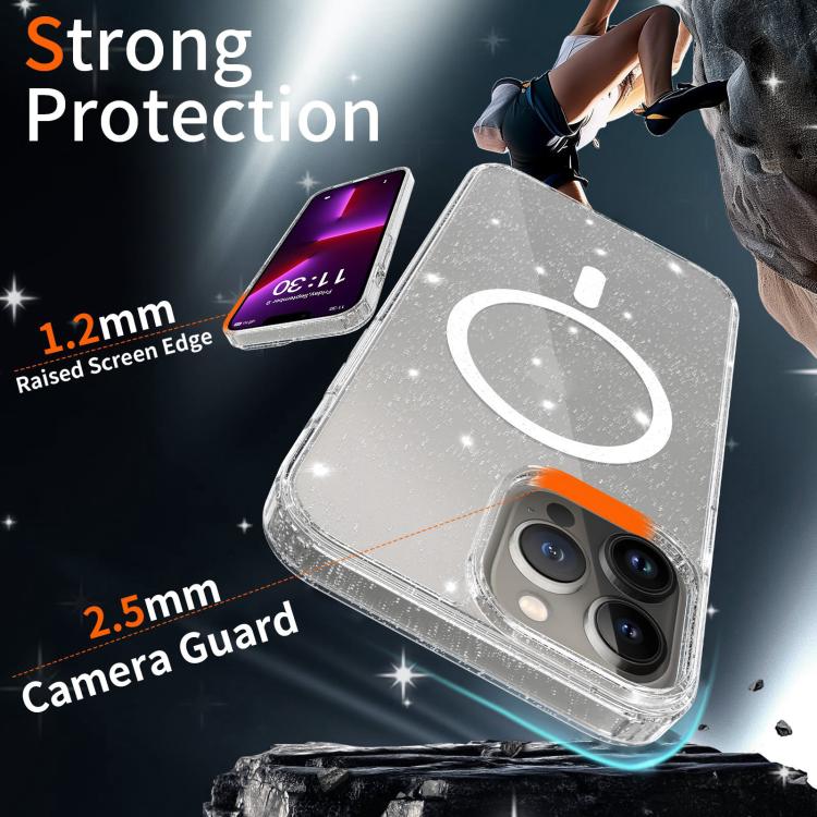 For iPhone 13 Pro Clear Glitter Magnetic PC Hybrid TPU Phone Case
