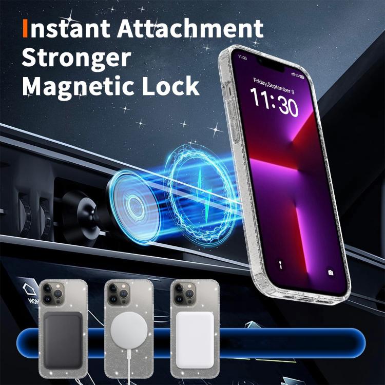 For iPhone 13 Pro Clear Glitter Magnetic PC Hybrid TPU Phone Case