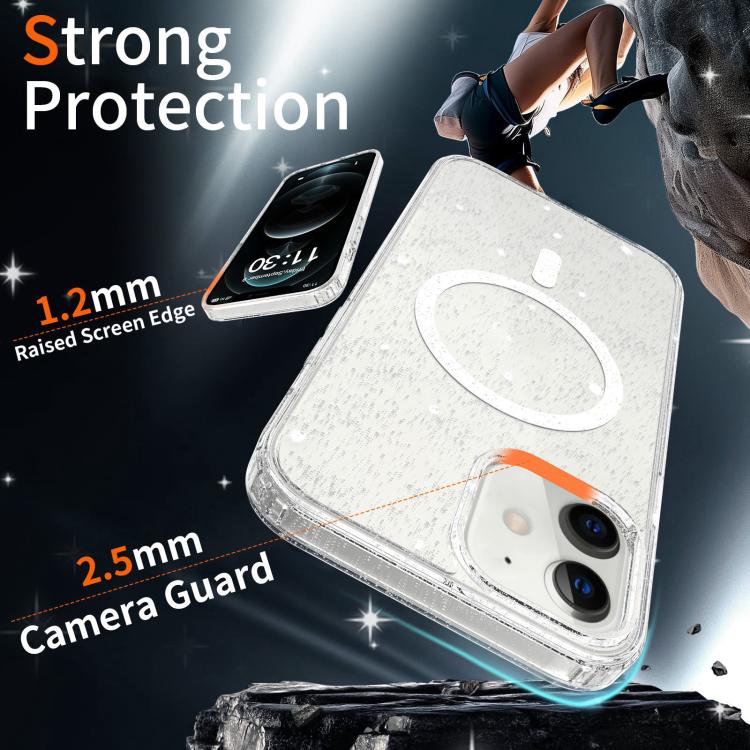 For iPhone 12 Clear Glitter Magnetic PC Hybrid TPU Phone Case
