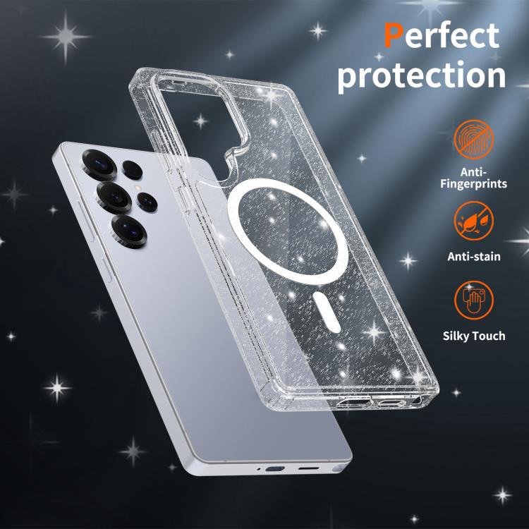 For Samsung Galaxy S25 Ultra 5G Clear Glitter Magnetic PC Hybrid TPU Phone Case
