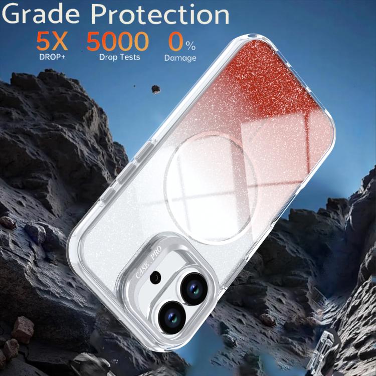 For iPhone 17 Glitter Gradient Magnetic Lens Frame Holder Phone Case
