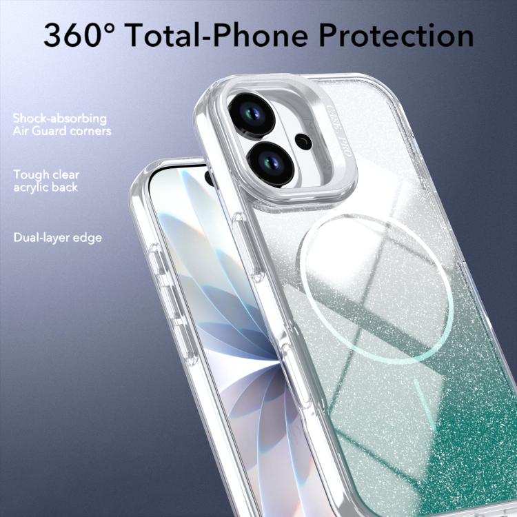 For iPhone 17 Glitter Gradient Magnetic Lens Frame Holder Phone Case