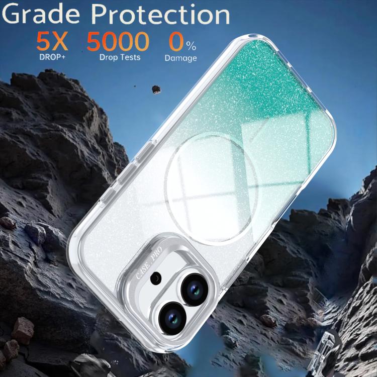 For iPhone 17 Glitter Gradient Magnetic Lens Frame Holder Phone Case