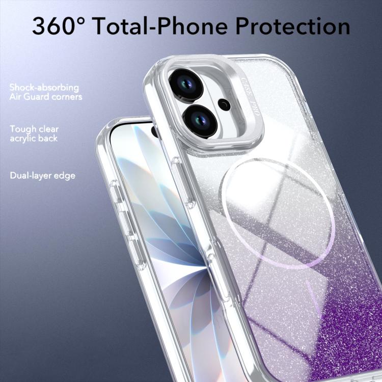 For iPhone 17 Glitter Gradient Magnetic Lens Frame Holder Phone Case