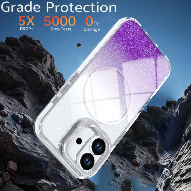For iPhone 17 Glitter Gradient Magnetic Lens Frame Holder Phone Case