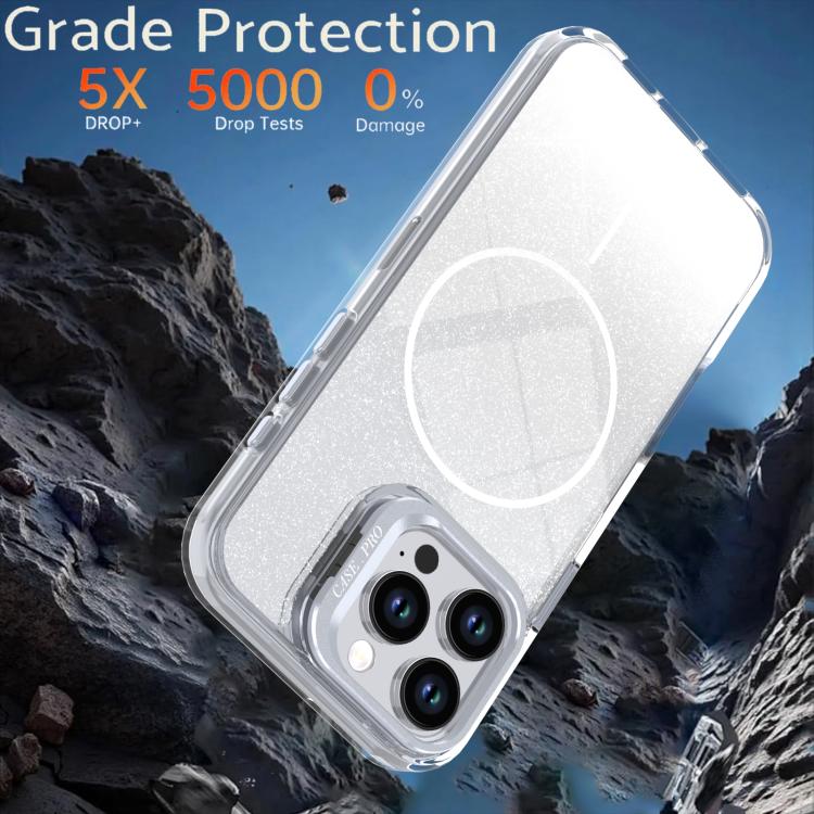For iPhone 16 Pro Max Glitter Gradient Magnetic Lens Frame Holder Phone Case