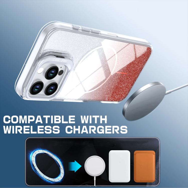 For iPhone 16 Pro Max Glitter Gradient Magnetic Lens Frame Holder Phone Case