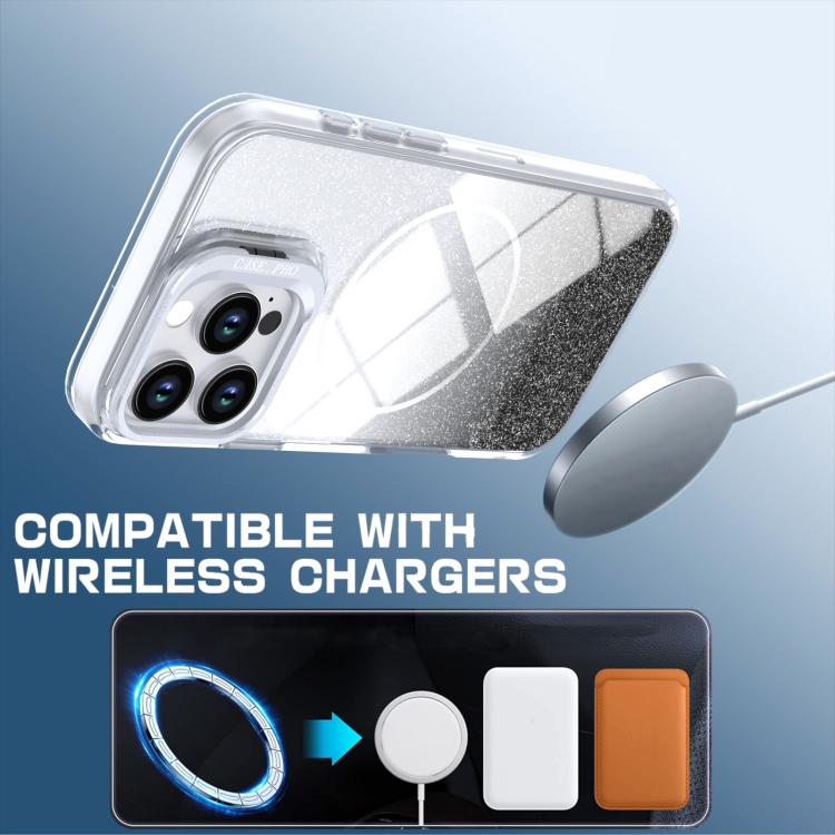 For iPhone 16 Pro Max Glitter Gradient Magnetic Lens Frame Holder Phone Case