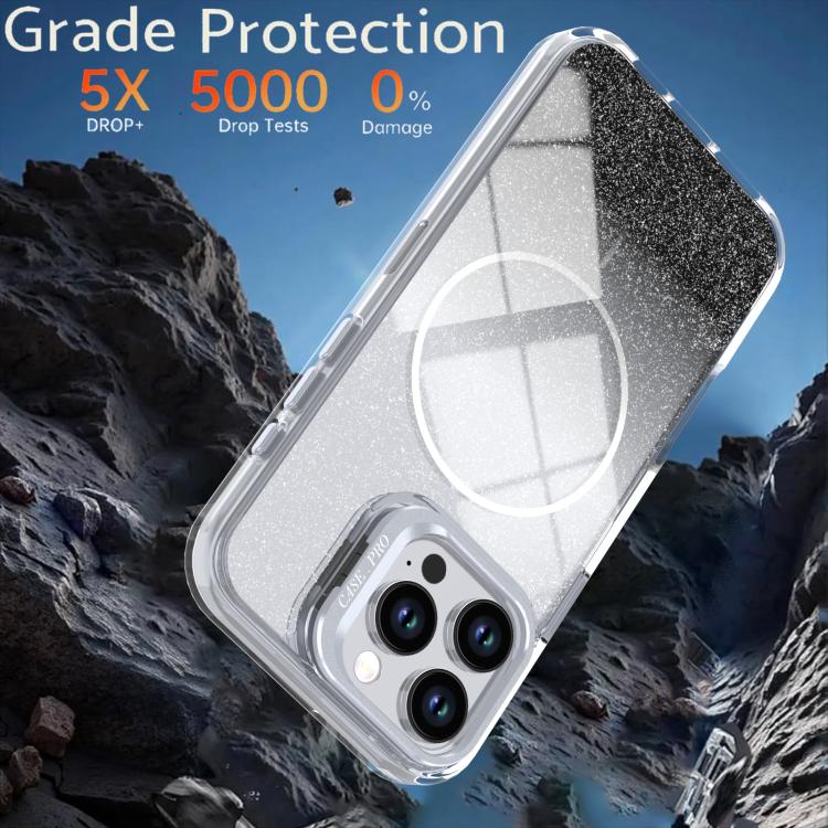 For iPhone 16 Pro Max Glitter Gradient Magnetic Lens Frame Holder Phone Case