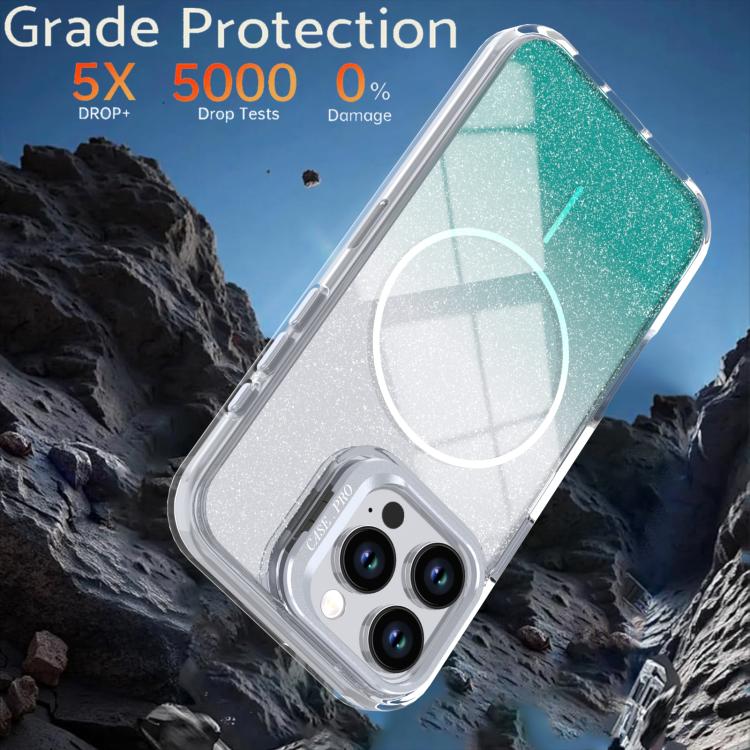For iPhone 16 Pro Max Glitter Gradient Magnetic Lens Frame Holder Phone Case