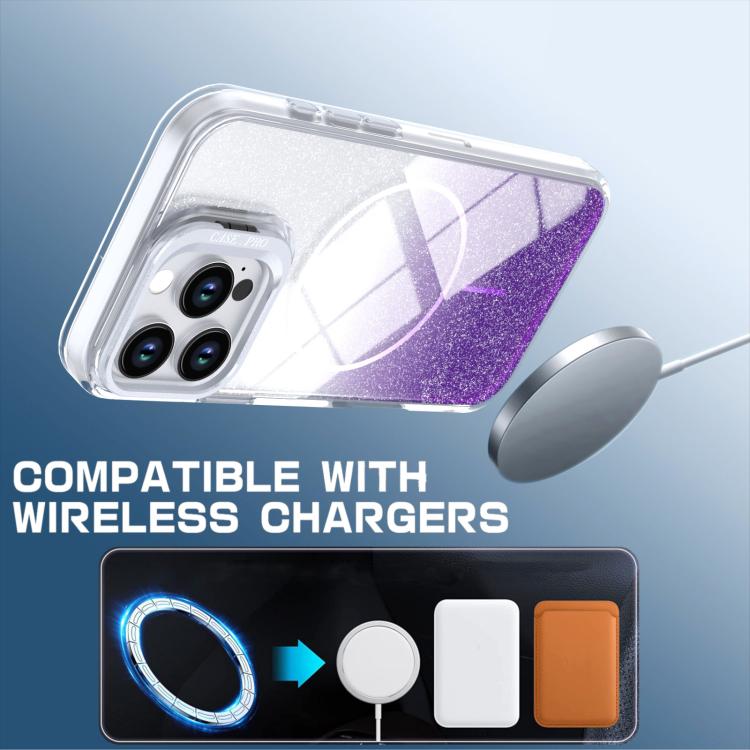 For iPhone 16 Pro Max Glitter Gradient Magnetic Lens Frame Holder Phone Case
