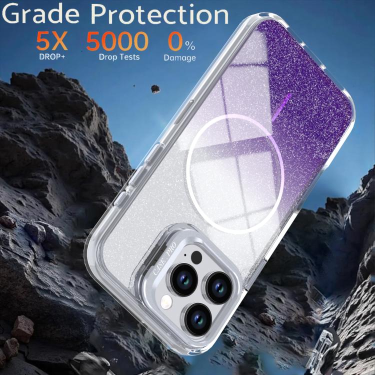 For iPhone 16 Pro Max Glitter Gradient Magnetic Lens Frame Holder Phone Case