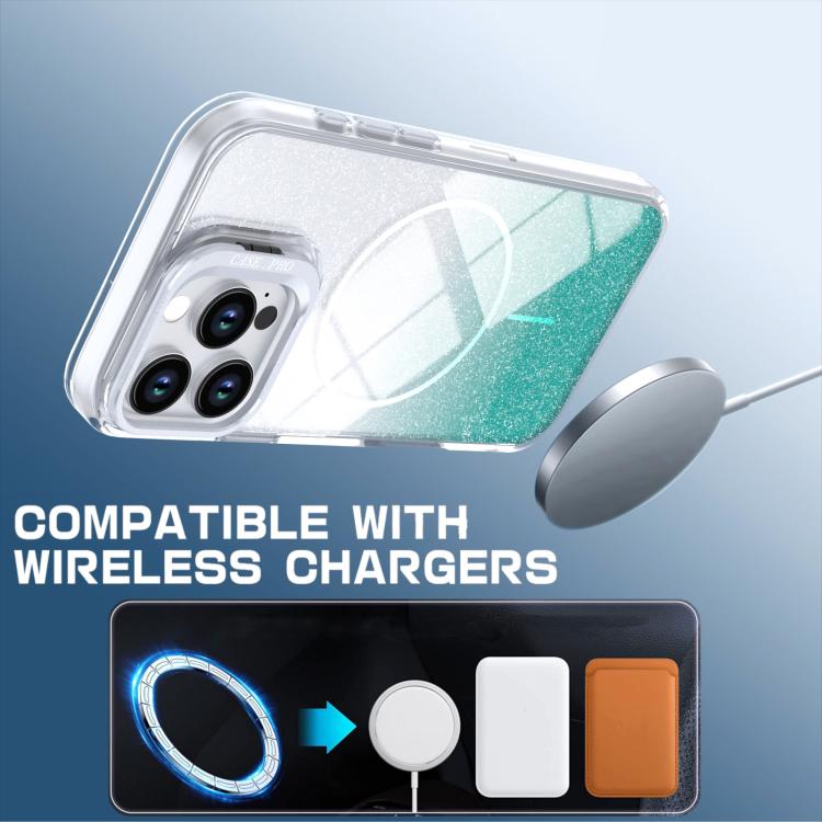 For iPhone 16 Pro Glitter Gradient Magnetic Lens Frame Holder Phone Case