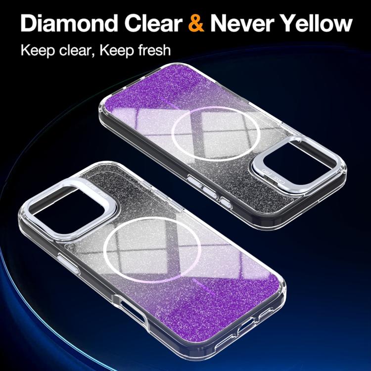 For iPhone 16 Pro Glitter Gradient Magnetic Lens Frame Holder Phone Case