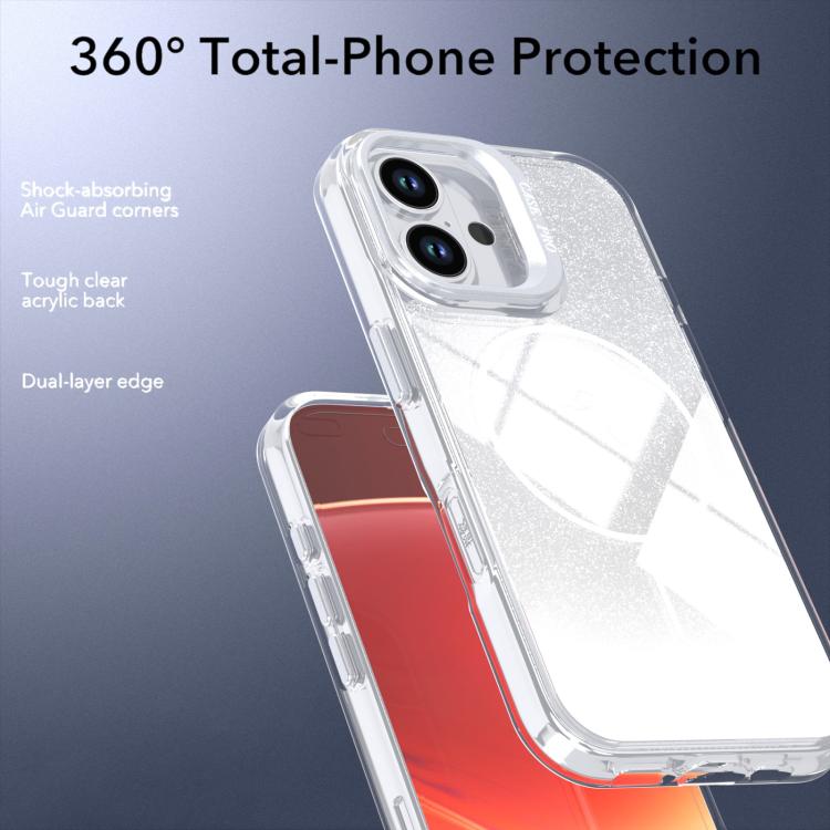 For iPhone 16 Plus Glitter Gradient Magnetic Lens Frame Holder Phone Case