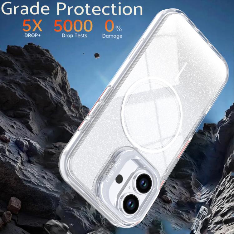 For iPhone 16 Plus Glitter Gradient Magnetic Lens Frame Holder Phone Case