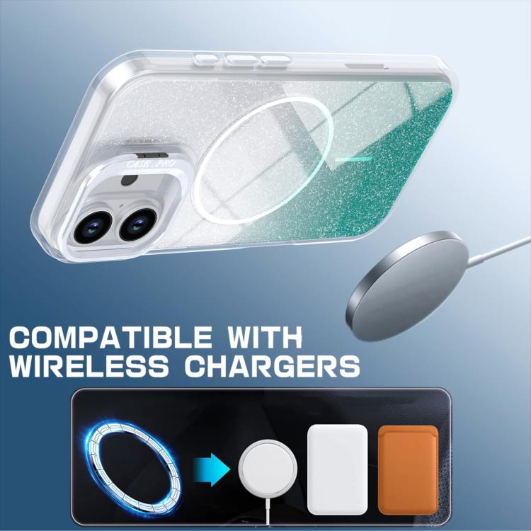 For iPhone 16 Plus Glitter Gradient Magnetic Lens Frame Holder Phone Case