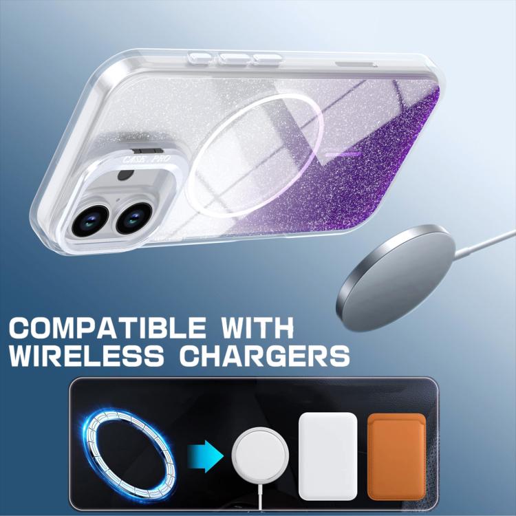 For iPhone 16 Plus Glitter Gradient Magnetic Lens Frame Holder Phone Case