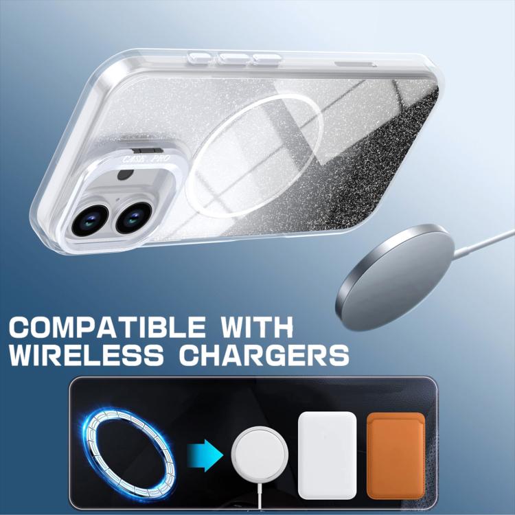 For iPhone 16 Glitter Gradient Magnetic Lens Frame Holder Phone Case