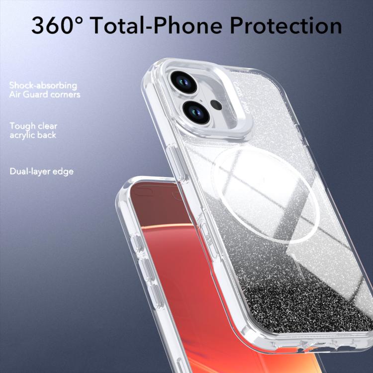 For iPhone 16 Glitter Gradient Magnetic Lens Frame Holder Phone Case