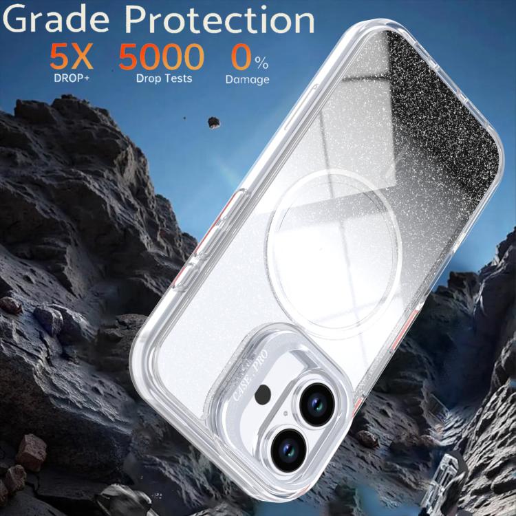 For iPhone 16 Glitter Gradient Magnetic Lens Frame Holder Phone Case