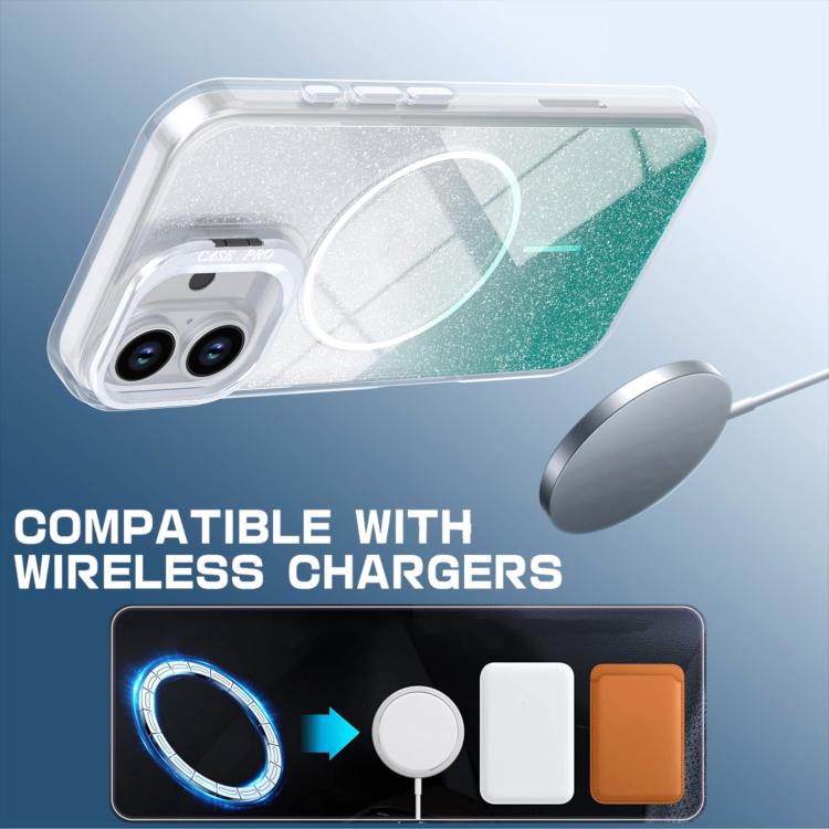 For iPhone 16 Glitter Gradient Magnetic Lens Frame Holder Phone Case