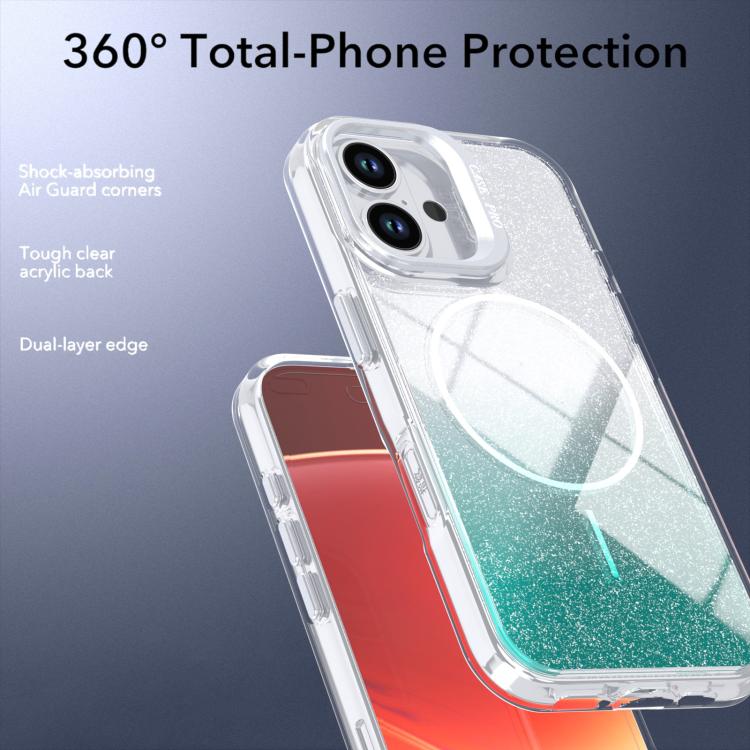 For iPhone 16 Glitter Gradient Magnetic Lens Frame Holder Phone Case