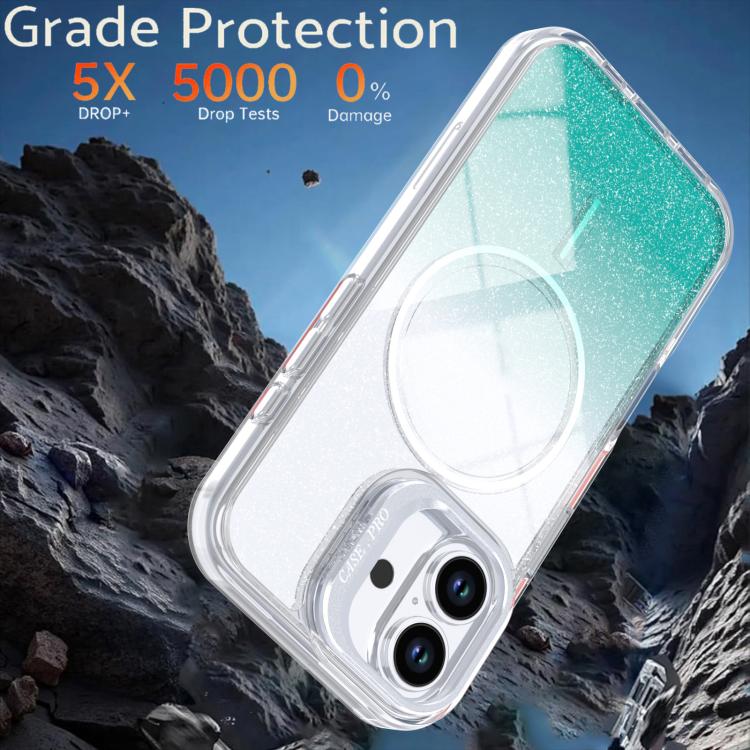 For iPhone 16 Glitter Gradient Magnetic Lens Frame Holder Phone Case