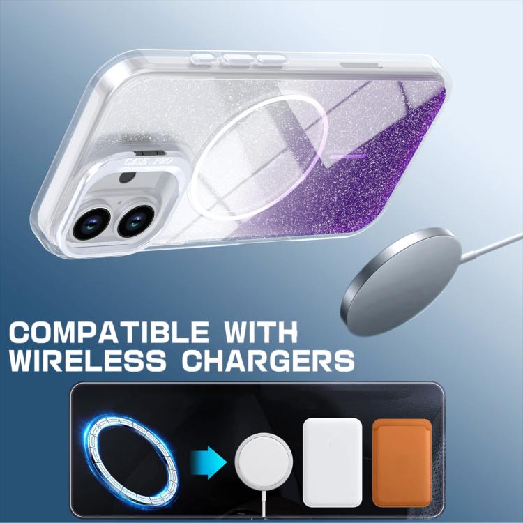 For iPhone 16 Glitter Gradient Magnetic Lens Frame Holder Phone Case