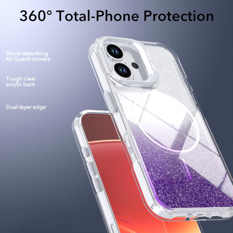 For iPhone 16 Glitter Gradient Magnetic Lens Frame Holder Phone Case