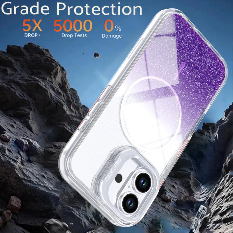 For iPhone 16 Glitter Gradient Magnetic Lens Frame Holder Phone Case
