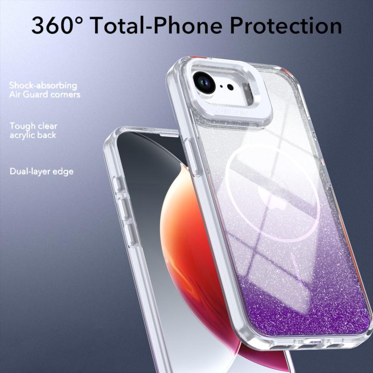 For iPhone 17e / 16e Glitter Gradient Magnetic Lens Frame Holder Phone Case