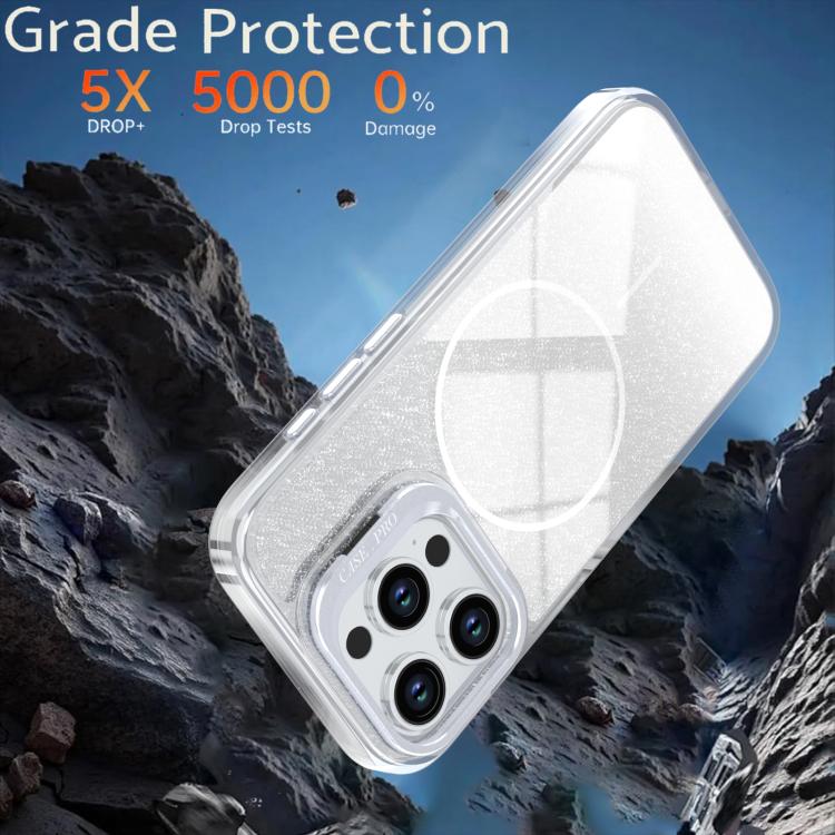 For iPhone 15 Pro Glitter Gradient Magnetic Lens Frame Holder Phone Case
