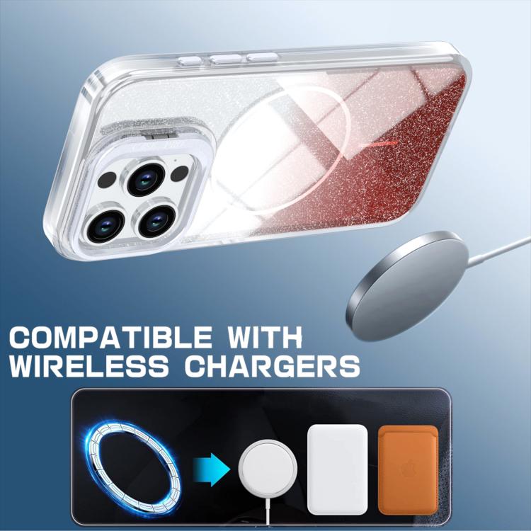 For iPhone 15 Pro Glitter Gradient Magnetic Lens Frame Holder Phone Case