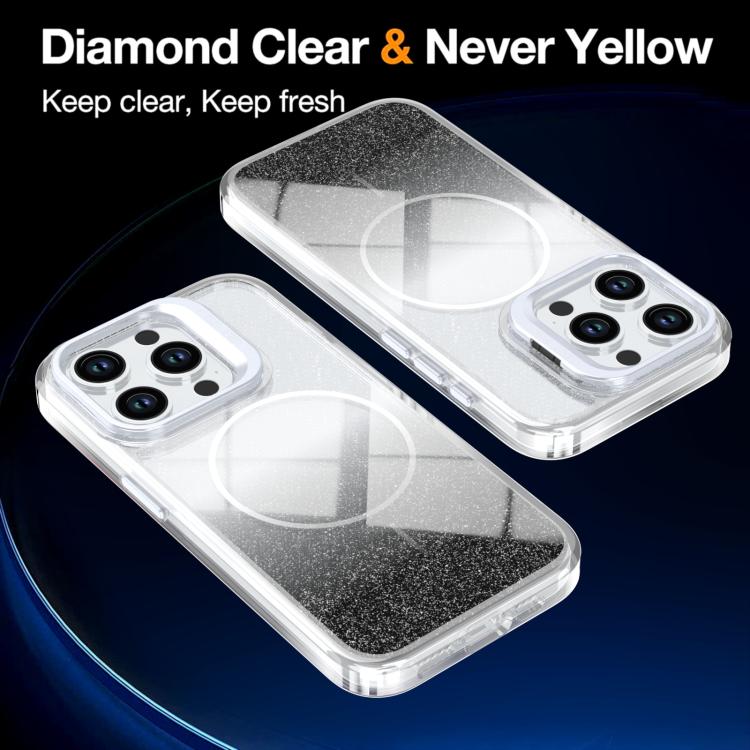 For iPhone 15 Pro Glitter Gradient Magnetic Lens Frame Holder Phone Case
