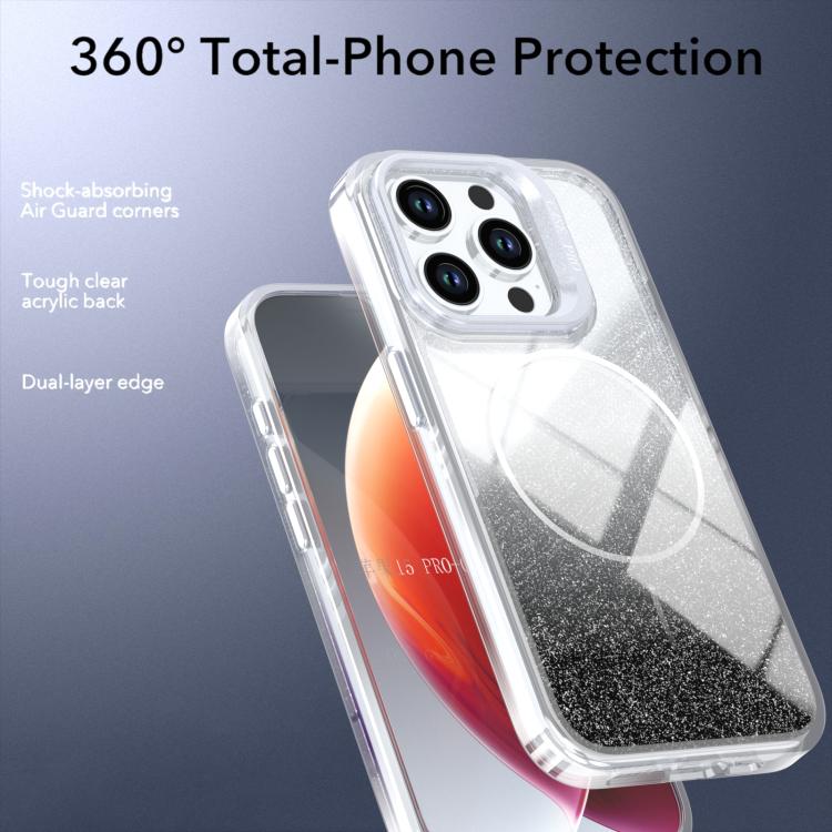 For iPhone 15 Pro Glitter Gradient Magnetic Lens Frame Holder Phone Case