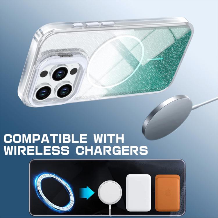 For iPhone 15 Pro Glitter Gradient Magnetic Lens Frame Holder Phone Case