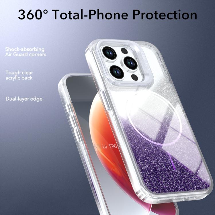 For iPhone 15 Pro Glitter Gradient Magnetic Lens Frame Holder Phone Case