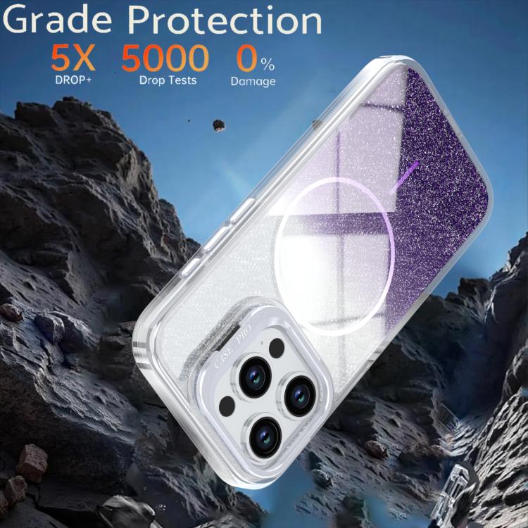 For iPhone 15 Pro Glitter Gradient Magnetic Lens Frame Holder Phone Case