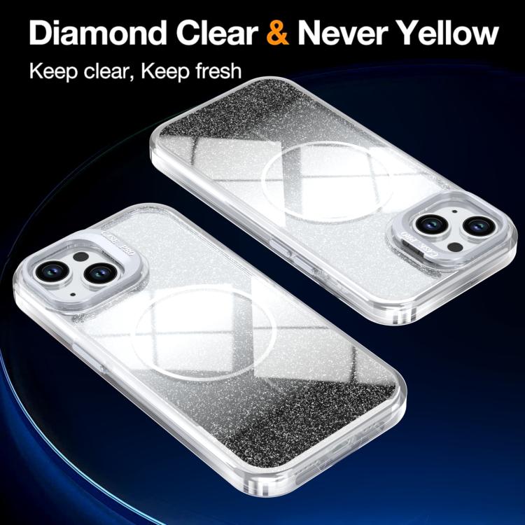 For iPhone 15 Plus Glitter Gradient Magnetic Lens Frame Holder Phone Case