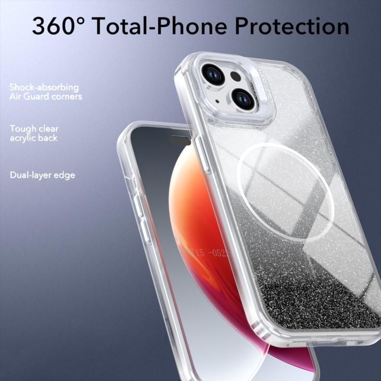 For iPhone 15 Plus Glitter Gradient Magnetic Lens Frame Holder Phone Case