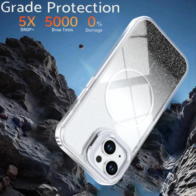 For iPhone 15 Plus Glitter Gradient Magnetic Lens Frame Holder Phone Case