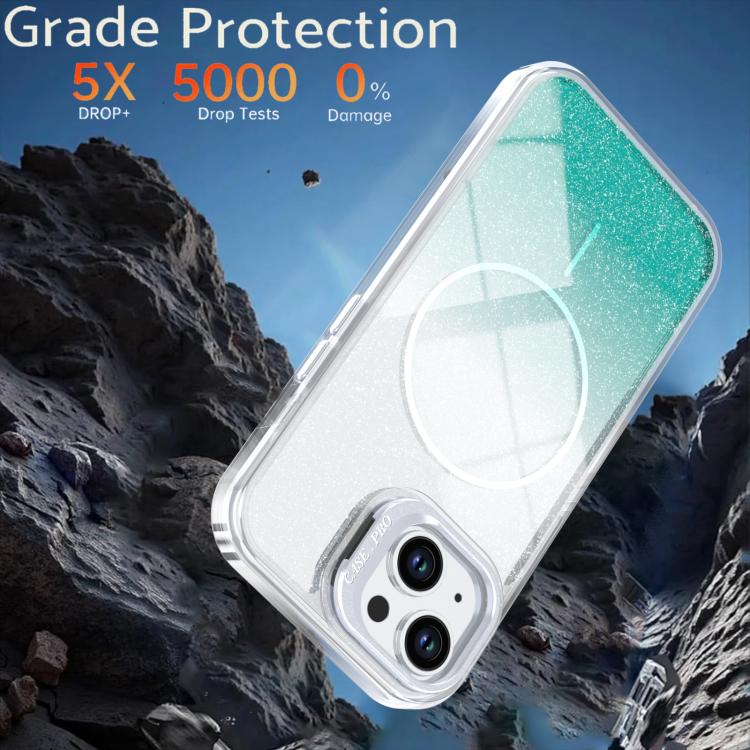For iPhone 15 Plus Glitter Gradient Magnetic Lens Frame Holder Phone Case