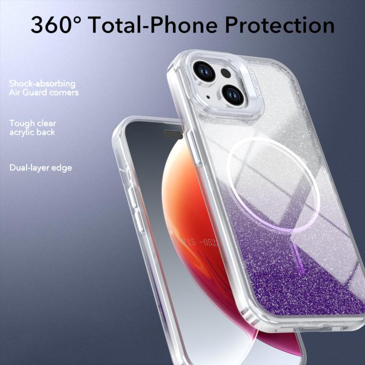 For iPhone 15 Plus Glitter Gradient Magnetic Lens Frame Holder Phone Case