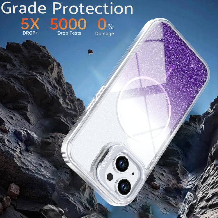 For iPhone 15 Plus Glitter Gradient Magnetic Lens Frame Holder Phone Case