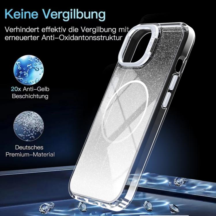 For iPhone 15 Glitter Gradient Magnetic Lens Frame Holder Phone Case