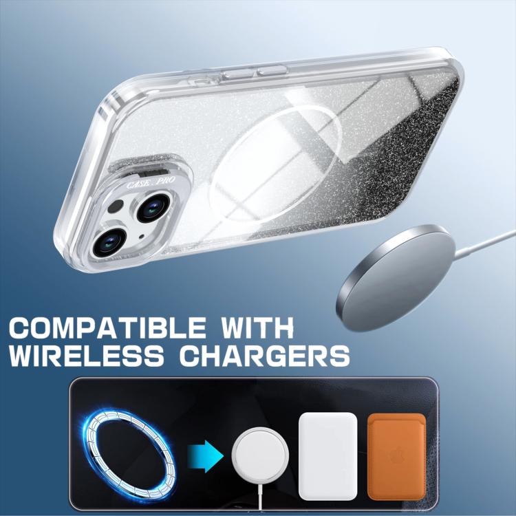 For iPhone 15 Glitter Gradient Magnetic Lens Frame Holder Phone Case