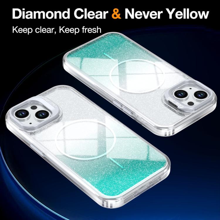 For iPhone 15 Glitter Gradient Magnetic Lens Frame Holder Phone Case