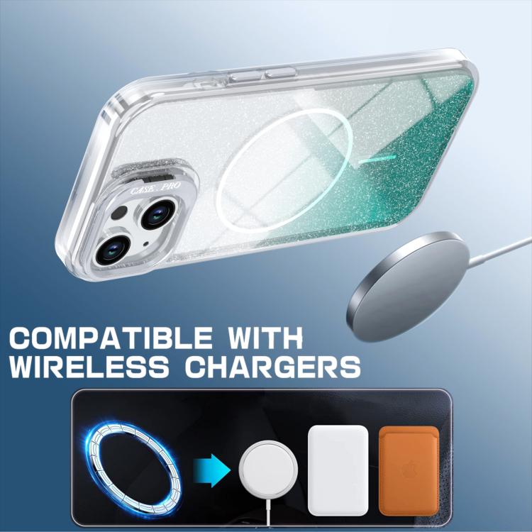 For iPhone 15 Glitter Gradient Magnetic Lens Frame Holder Phone Case