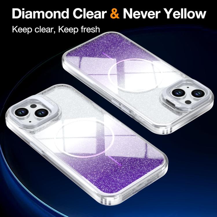 For iPhone 15 Glitter Gradient Magnetic Lens Frame Holder Phone Case